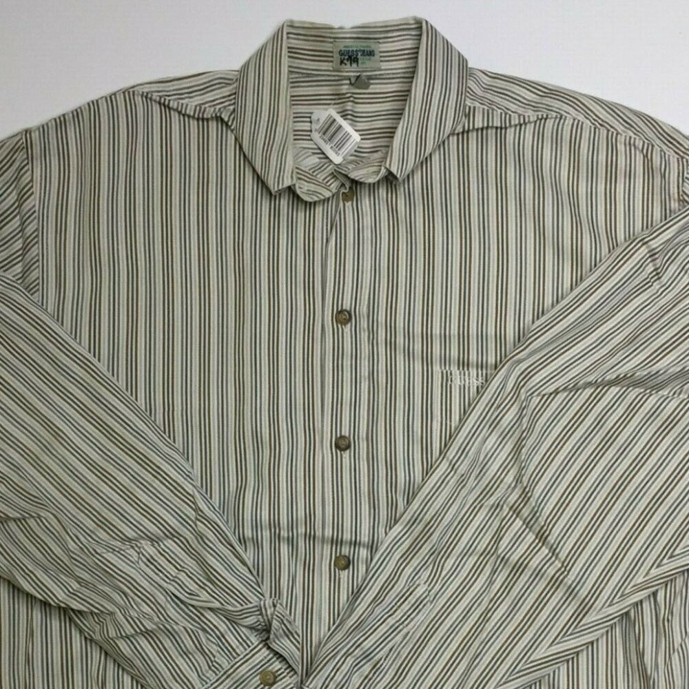 Guess Jeans Mens Long Sleeved Shirt Blue Brown Striped Cotton Size Large